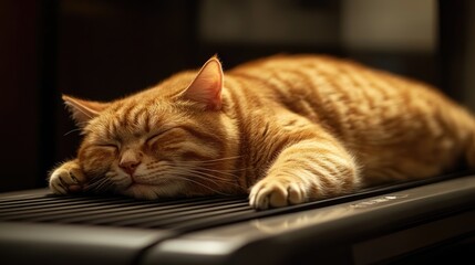 A fat cat lazily laying down on a treadmill that slowly moving, its body sliding as it refuses to walk.