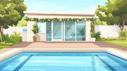 Fototapeta premium Modern home with swimming pool and lush greenery.