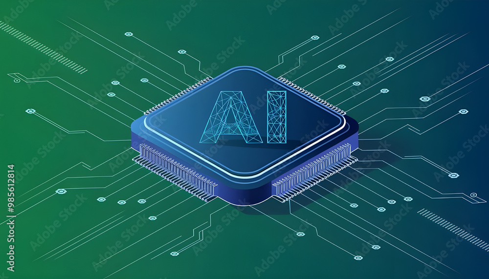 Poster ai chip with light growth arrows and circuit elements. artificial intelligence background. ai innova