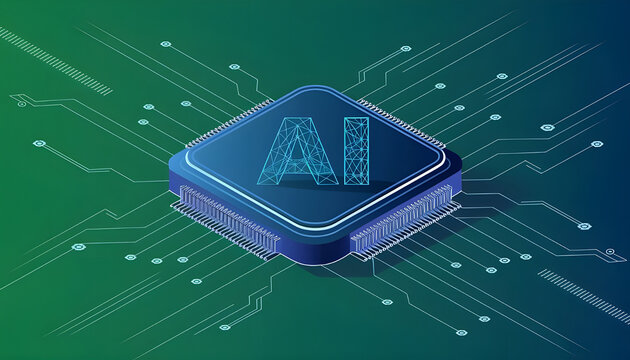 AI chip with light growth arrows and circuit elements. Artificial Intelligence background. AI innovation concept. Technology bg. Low poly wireframe vector illustration. 