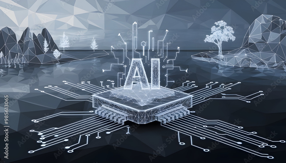 Poster ai chip with light growth arrows and circuit elements. artificial intelligence background. ai innova