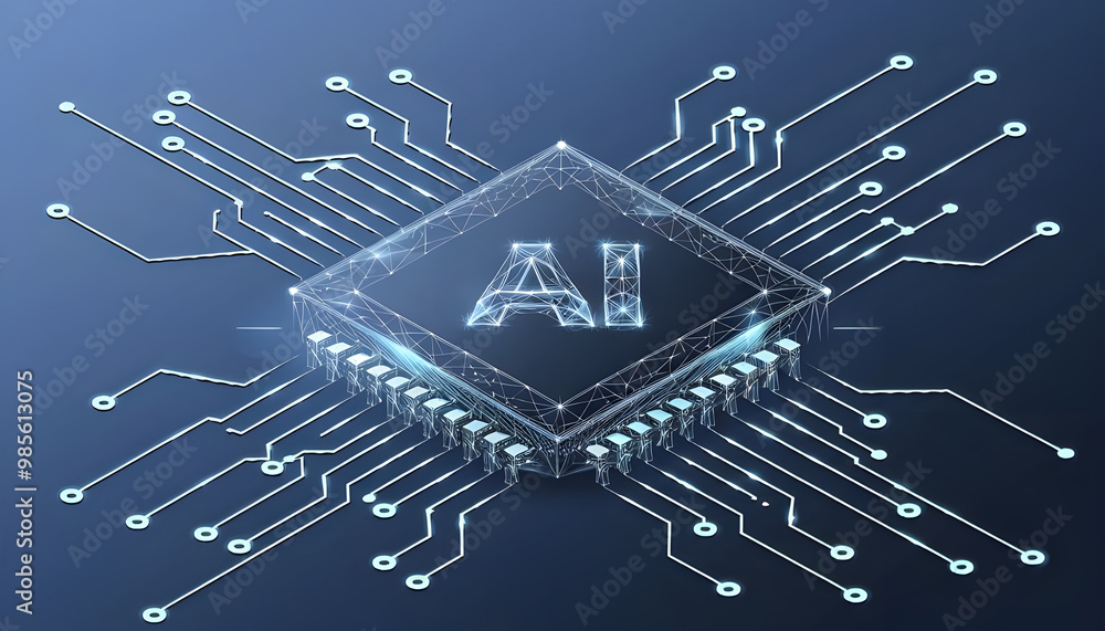 Poster ai chip with light growth arrows and circuit elements. artificial intelligence background. ai innova