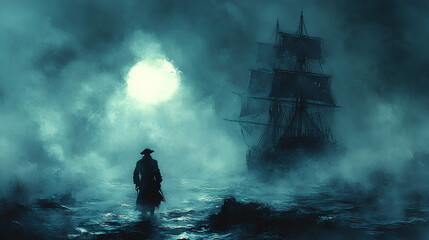 Ghostly pirate captain, lost in a maze of fog, eerie night, Watercolor style