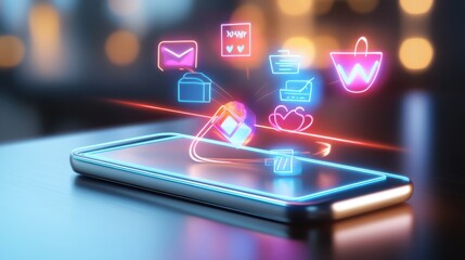 Smartphone displaying notifications of Black Friday deals, with neon sale icons and product images.