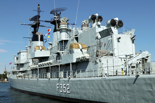 COPENHAGEN, DENMARK - JULY 8 2018: Peder Skram was a frigate in the Royal Danish Navy until 1990. Copenhagen, Holmen, Denmark. Moored at the pier, for free viewing. Free admission.