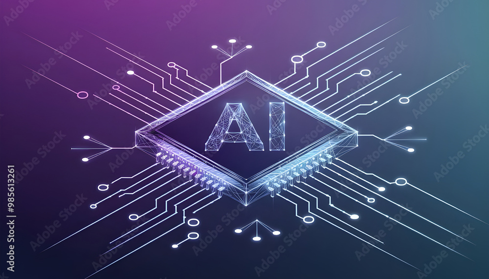 Poster ai chip with light growth arrows and circuit elements. artificial intelligence background. ai innova