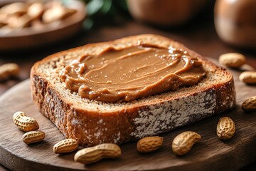 Close-up of peanut butter sandwich with peanuts.