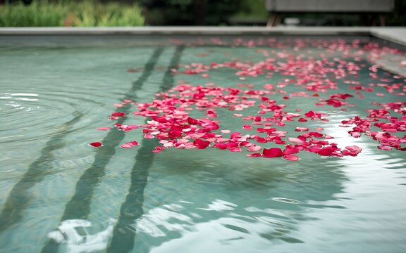 Close-up of a pool with rose petals floating on the water surface.