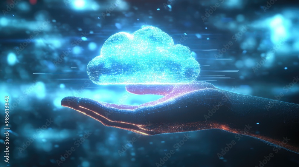 Poster a futuristic hand holding a glowing cloud, representing the rapid implementation of cloud technology