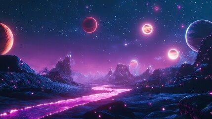 Fototapeta premium A futuristic landscape with glowing paths, distant planets, and a starry background, capturing the feel of a sci-fi fantasy world.