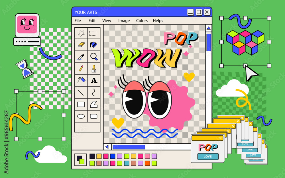 Poster vector set of retro computer interface ui and icon,
vintage and dialog window 90's, nostalgic os element and icon design, y2k style
