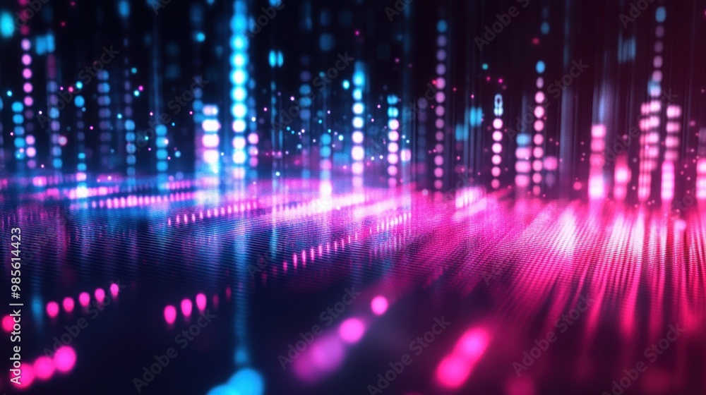 Wall mural abstract digital background with pink and blue lights and a grid pattern.