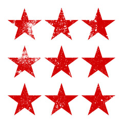 Red vintage stars with cracks and stains. Old hand-drawn sign, black simple shape. Retro design element with distressed effect, grunge texture. Vector illustration