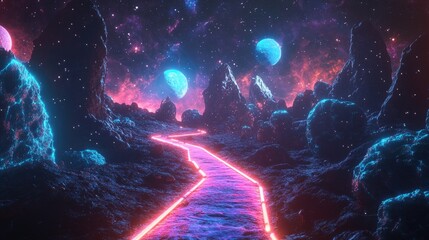 A glowing neon path leading through a sci-fi fantasy landscape of stars and celestial bodies, representing a surreal space journey.