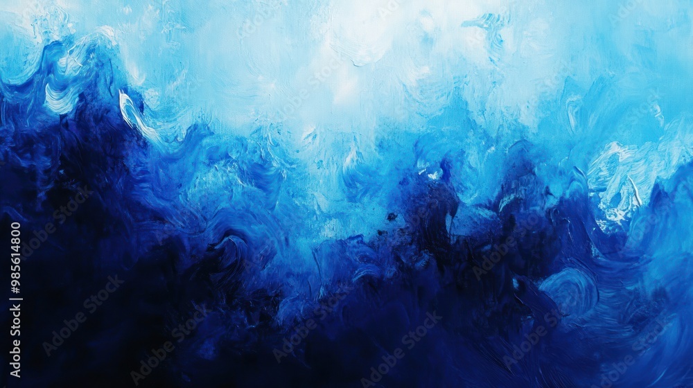 Wall mural Abstract blue and white paint background with swirling patterns.