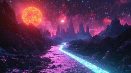 A glowing neon path leading through a sci-fi fantasy landscape of stars and celestial bodies, representing a surreal space journey.