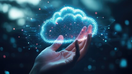A hand grasping a digital cloud, illuminated with data connections, symbolizing the role of cloud technology in accelerating business strategies.