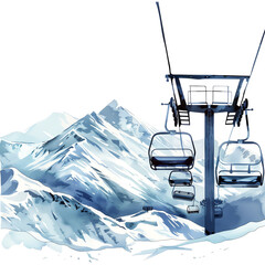 Snow-covered mountain range with a ski lift in the foreground, perfect winter landscape scenery for outdoor enthusiasts.