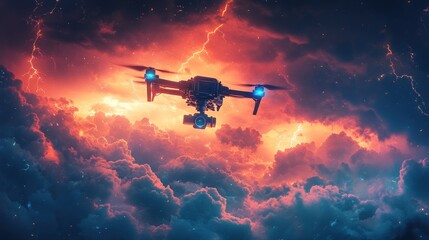 Fototapeta premium A drone flies through a stormy sky, with lightning bolts in the background.