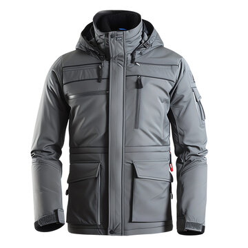 Stylish gray winter jacket with multiple pockets and a hood. Ideal for cold weather, offering warmth and functionality.