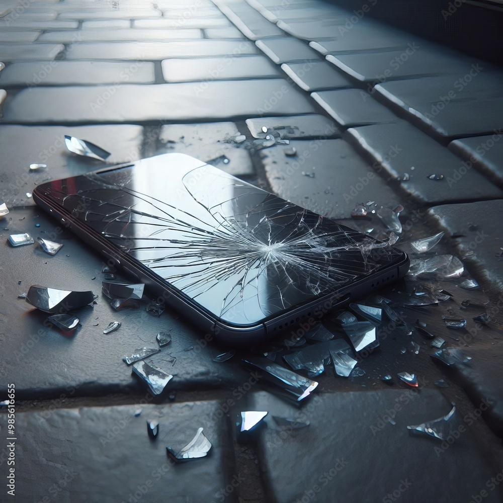 Poster close-up image of a smartphone with a shattered screen lying on a tiled street surface. pieces of br