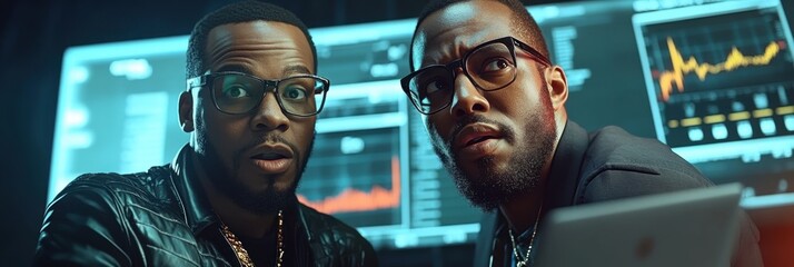 Two african american men analyzing data on computer screens indoors, wearing glasses, focused expression