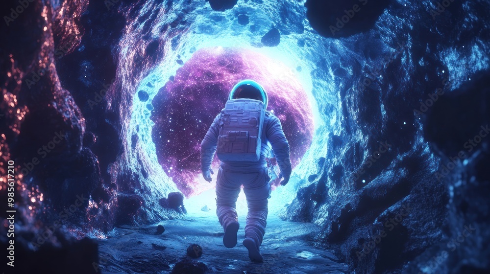 Wall mural astronaut walks towards a bright light emanating from a hole in a rocky surface.
