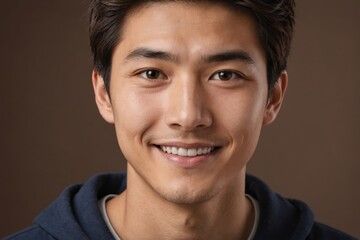 Obraz premium Full framed very close face portrait of a smiling young japanese man with brown eyes looking at the camera, studio shot,brown background.