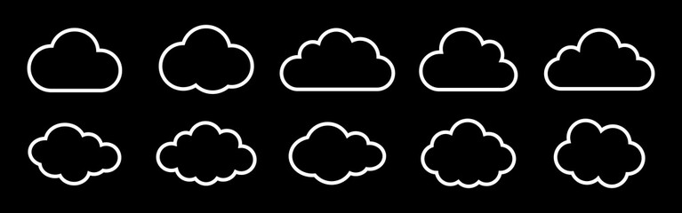 Vector icon of the clouds set. Clouds collection in outline style. White cloudy set isolated on black background. White clouds of different shapes. Collection of different white clouds. Flat design.