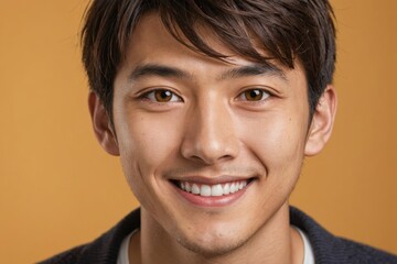 Obraz premium Full framed very close face portrait of a smiling young japanese man with amber eyes looking at the camera, studio shot,amber background.