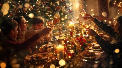A family gathered around a beautifully decorated table, raising their glasses in a toast, signifying the warmth and togetherness of New Year's celebrations. Generative AI transparent background