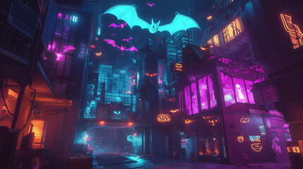 Neon-Lit Halloween City with Bats and Ghosts