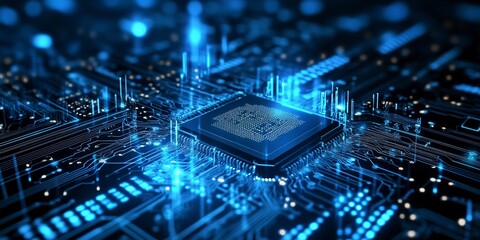 Abstract technology background with circuit board. Of futuristic processor, integrated microchip for ai device, binary code in cyberspace, and network connection. 