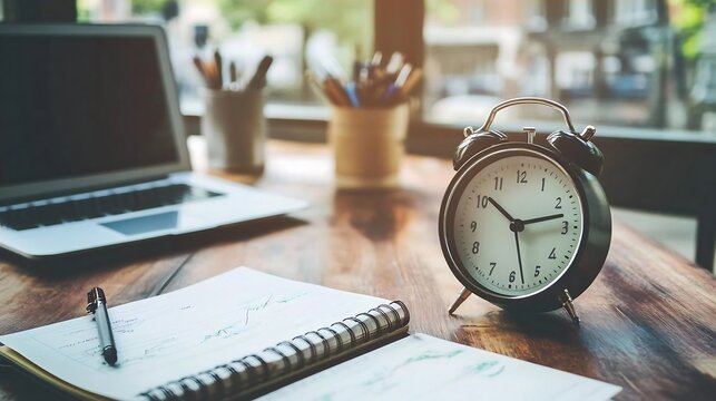 Time Management Concept with Alarm Clock  Notebook  and Laptop on Wooden Desk