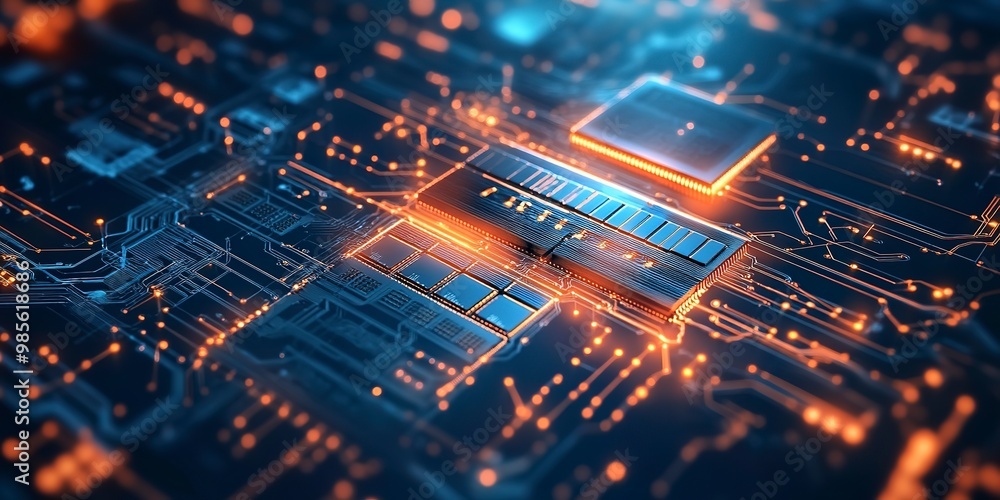 Poster abstract circuitry technology of electronic computer hardware on a background of circuit board