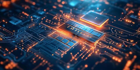 Abstract circuitry technology of electronic computer hardware on a background of circuit board 