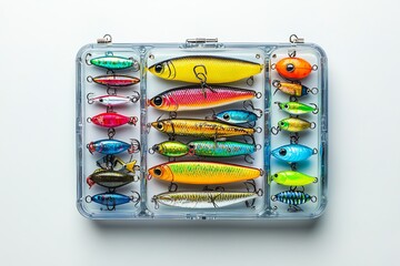 Colorful Fishing Lures in a Clear Plastic Box