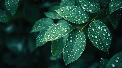 Fototapeta premium Close-up of green leaves with dew drops.
