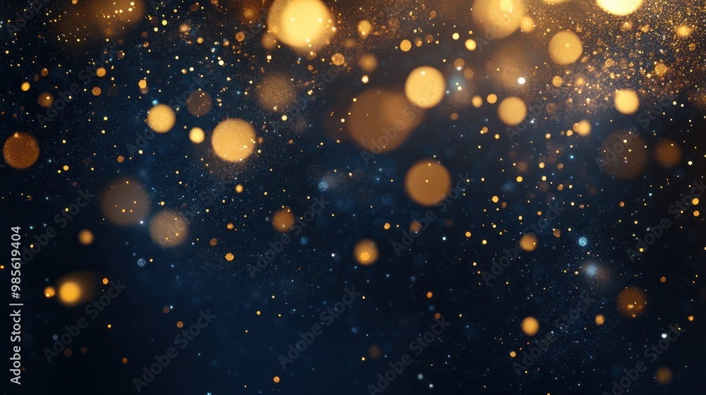 Aufkleber abstract dark blue and gold particle background with glittering bokeh lights and defocused particles