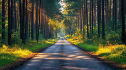 Obraz premium Sunlight filtering through pine trees onto a quiet forest road, tranquil and scenic
