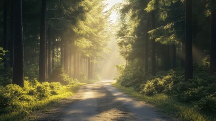 Naklejka premium Sunlight filtering through pine trees onto a quiet forest road, tranquil and scenic