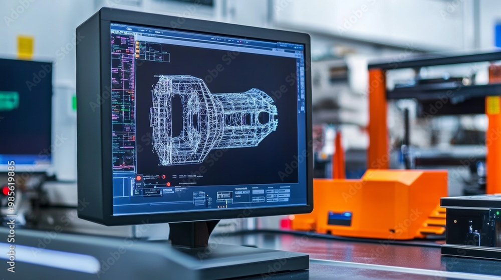 Poster cad design on computer monitor in industrial factory.
