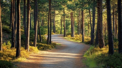 Obraz premium Bicycle path winding through a pine forest, inviting and serene