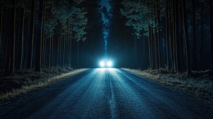 Obraz premium Night road in pine forest, car headlights illuminating the path, mysterious and adventurous.