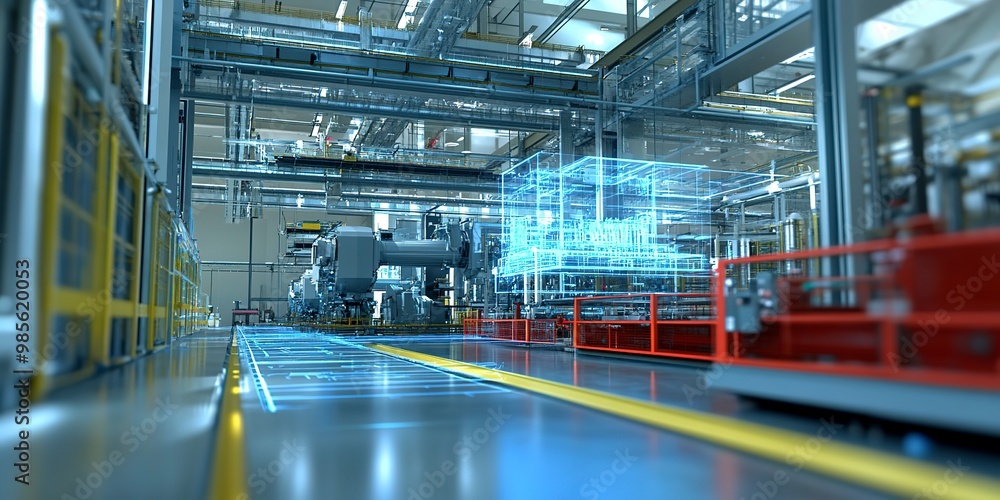 Poster a virtual model of a smart factory, mirroring real-time operations of the physical factory, optimizi