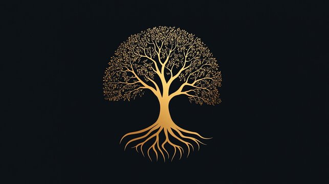 Gold tree with roots on a black background.
