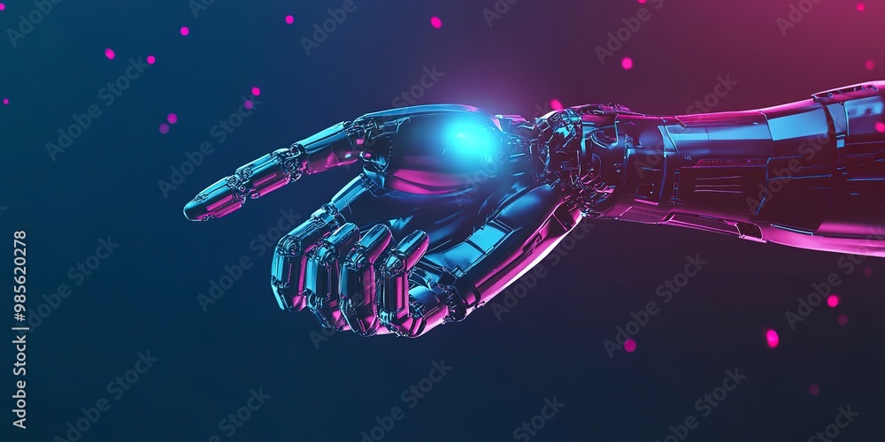 Poster a robotic hand with a holographic finger on cyber background with copy space. humanoid mechanical ar