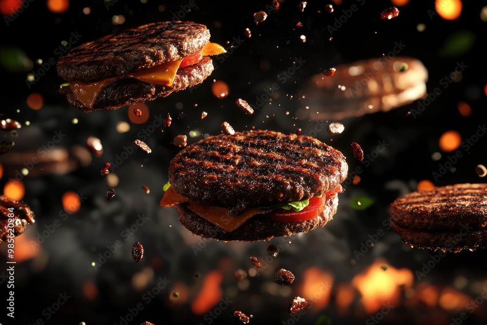 Wall mural Realistic 3D grilled burger collection in falling motion.