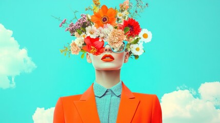 Woman with flowers on her head and a bright orange jacket.