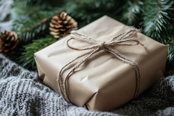A Brown Gift Box Wrapped with Twine and a Pine Branch